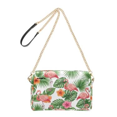 Imagem de Joitme Bolsa feminina rosa flamingos folhas verdes bolsa tiracolo de couro PU com alça de corrente bolsa de telefone fofa