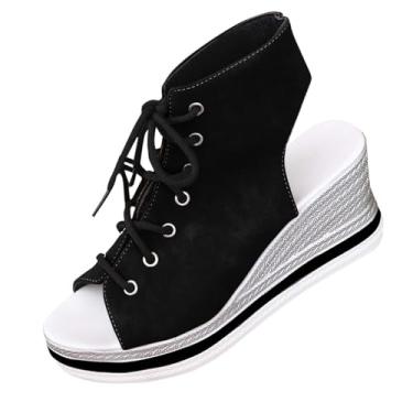 Imagem de Sandálias femininas modernas, casuais, versáteis, com sola grossa, estilo primavera e verão, salto plataforma, Preto, 38