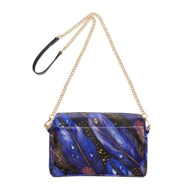 Imagem de Joitme Bolsa tiracolo feminina para celular, bolsa de ombro azul escuro com penas em aquarela com alça de corrente de couro PU