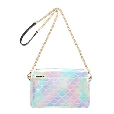 Imagem de Joitme Bolsa feminina iridescente com escamas de sereia pastel, bolsa tiracolo de couro PU com alça de corrente, bolsa para celular