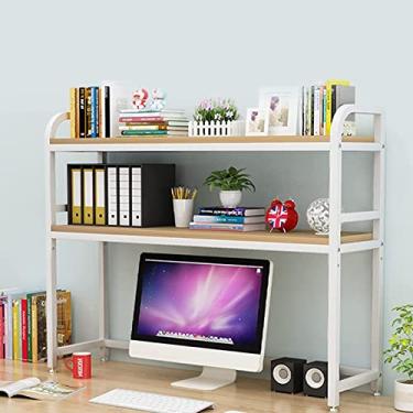 Imagem de Estante de mesa de 2 camadas para mesa de computador - estante de mesa de computador de madeira e metal, organizador de prateleiras de mesa ajustável, prateleira de exibição de armazenamento aberta