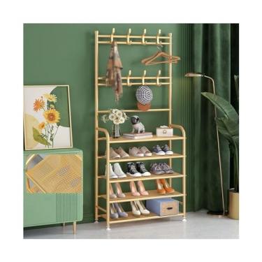 Imagem de Prateleira organizadora de sapatos com 5 camadas para entrada de casaco e sapateira, cabide moderno, organizador de sapateira de metal leve com ganchos de fileira dupla para quarto, corredor
