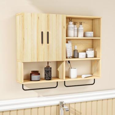 Imagem de Edospaen Armário de banheiro montado na parede de madeira maciça, armário rústico sobre o vaso sanitário, organizador de armário de remédios com porta, barra de toalha e ajustável