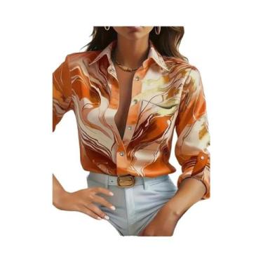 Imagem de Camisa feminina estampada com decote em V e botão de manga comprida so
