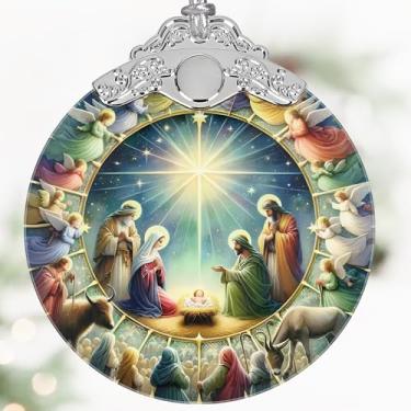 Imagem de Enfeite de Natal de presépio de 7,6 cm, decoração de Natal de vitral de 7,6 cm, enfeites de presépio para árvore de Natal, presentes cristãos para crianças, presentes religiosos para mulheres,