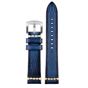 Imagem de EPANO Pulseira de relógio de couro genuíno feita à mão de 20 mm 22 mm24 para Rolex Citizen Omega MIDO para HUAWEI GT Pulseira de relógio masculina, marrom, azul, verde e cinza (fivela prata azul, 24