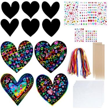 Imagem de Ishua Valentine Crafts Scratch Valentine Scratch Art Heart Set (49 Pcs) - Rainbow Scratch Paper Hearts with Wooden Styluses, Ribbons & 3D Puffy Stickers