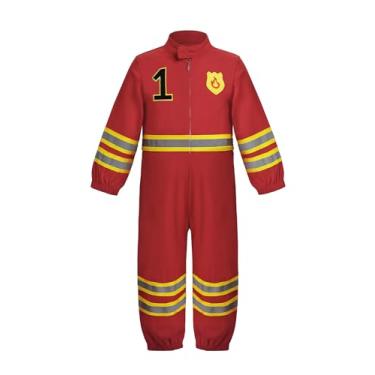 Imagem de IMEKIS Bombeiro infantil: Caminhão de bombeiros roupa de 1º aniversário Smash Cake Photoshoot macacão de manga comprida caminhão de bombeiro terno menina bebê bombeiro vermelho 1 9-12 meses