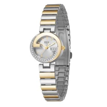 Imagem de BOSHIYA Relógio Lady Gold, design de caixa redonda, mostrador branco numeral romano, pulseira de aço inoxidável, equipado com ferramenta de ajuste, função resistente à água, G - Cor dourada e prata
