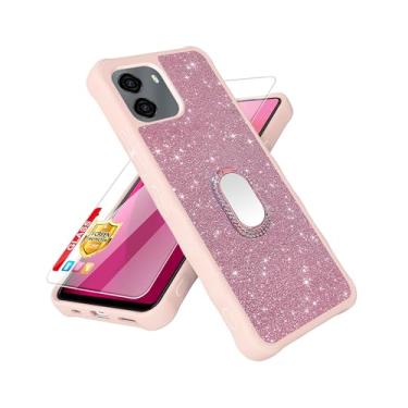 Imagem de Capa compatível com BLU G35 [com protetor de tela de vidro temperado][anel espelhado] [glitter em pó] para BLU G35 capa de telefone de couro