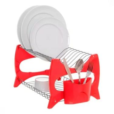 Imagem de Escorredor De Louca Cozinha Prato Duplo Preto Branco Vermelho Porta Talheres