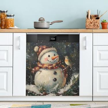 Imagem de xigua Capa magnética preta de boneco de neve de Natal, adesivos magnéticos decorativos antiarranhões para painel de geladeira e lava-louças, decoração personalizada de cozinha doméstica 58 x 66 cm