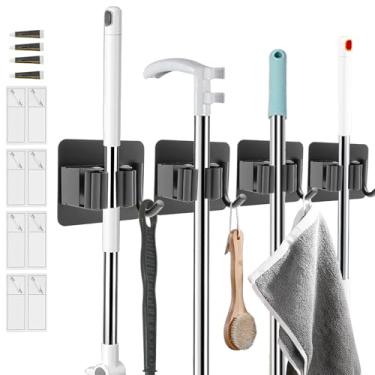 Imagem de LYIYEYAN Pacote com 4 suportes de vassoura para esfregão montado na parede, organizador de vassouras de aço inoxidável com ganchos, cabide autoadesivo sem perfuração para cozinha, garagem, escritório