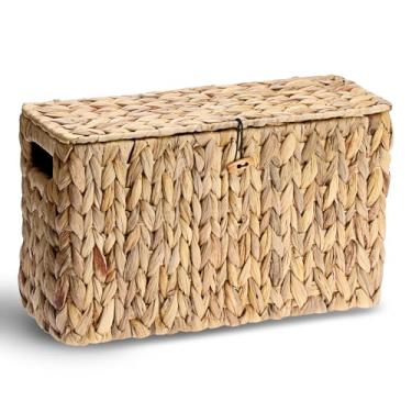 Imagem de Cesta de papel higiênico com tampa, suporte retangular de armazenamento de papel higiênico de vime de jacinto de água para 6 rolos