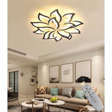Imagem de Luminária de teto LED com controle remoto, formato de flor, para sala de estar, moderna e com intensidade de luz ajustável, ideal para quarto, escritório, casa de campo e apartamento (preta,