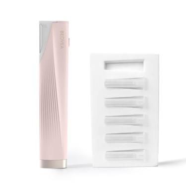 Imagem de BEOVEA Ferramenta Sonic Dermaplaning para rosto – Removedor de fumaça de pêssego recarregável com luz LED, vibração de 3 velocidades para pele lisa e radiante, inclui 6 lâminas de substituição