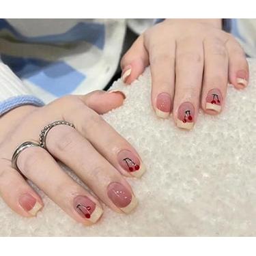 Imagem de Unhas quadradas de pressão, unhas de gel macio médio, 12 tamanhos – 24 kit de manicure falso, reutilizável e fofo, cereja francesa