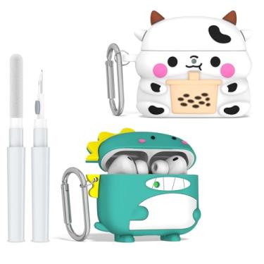 Imagem de [Pacote com 2] Capa fofa para AirPods Pro 3 (2025), desenho 3D, capa de silicone com design kawaii, compatível com Airpods Pro 3ª geração com chaveiro/kit de limpeza (dinossauros + vacas)