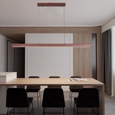 Imagem de Luminária pendente LED para mesa de jantar em madeira, com intensidade regulável, luminária pendente LED moderna com controle remoto, altura ajustável, design linear moderno, ideal para sala