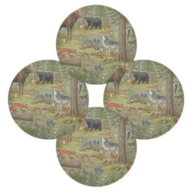 Imagem de Wassud Jogo americano conjunto de 4 tapetes de mesa redondos exuberantes da floresta de pinheiros para cozinha e jantar tapetes laváveis resistentes ao calor para decoração de mesa 39 cm