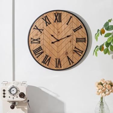 Imagem de Kenning Relógio de parede rústico grande de 50 cm, silencioso, de madeira, casa de fazenda, com algarismos romanos 3D, para sala de estar, cozinha, escritório, decoração, sem tique-taque, bateria não