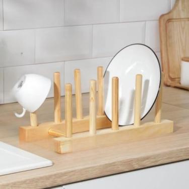 Imagem de Kit 3 Suportes Escorredores Organizadores de Bambu Porta Pratos Tampas e Copos Bancada Divisórias Ecológico (4 pratos 1 UN)