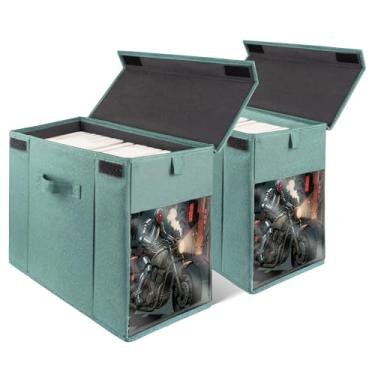 Imagem de ComfortKeeper Pacote com 2 caixas de armazenamento de quadrinhos com tampa para a idade moderna, organizador de revistas dobrável com janela transparente, comporta 150 quadrinhos, verde