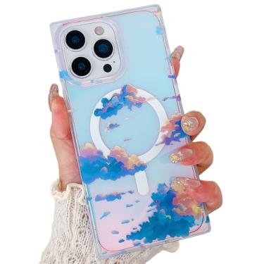 Imagem de MUGCOFF Capa retangular magnética para iPhone 16 Pro Max, compatível com Magsafe, luxo neon brilhante holográfico gradiente dourado brilhante fina protetora feminina para 16Pro Max, 17.5 cm (nuvem)