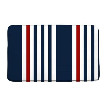Imagem de Tapete de banho listrado azul marinho vermelho moderno geométrico minimalista bonito listrado vertical vintage tapete de banheiro estético, 17,7 x 29,5 polegadas