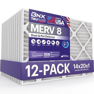 Imagem de BNX Filtro de ar TruFilter MERV 8 14 x 20 x 1 (pacote com 12) – Feito nos EUA – Filtro de ar plissado eletrostático de ar condicionado HVAC AC para poeira, animais de estimação, mofo, pólen MPR 600 –