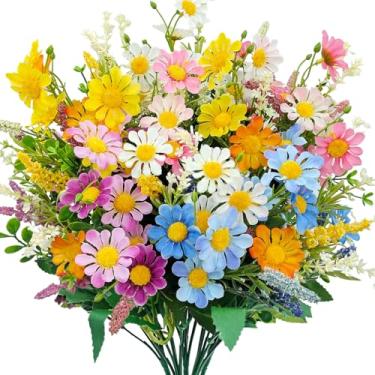 Imagem de BRIGEA 5 pacotes de flores de margaridas artificiais de seda sintética, buquê de flores silvestres para casa, interior, cozinha, mesa, vaso de mesa de festa de casamento, decoração ao ar livre