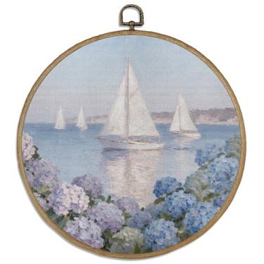Imagem de DELORIGIN Decoração de parede emoldurada de veleiro 25,4 cm Hortênsia arte de parede em tela redonda com ganchos vintage pintura a óleo floral pendurada impressões de arte para sala de estar, corredor