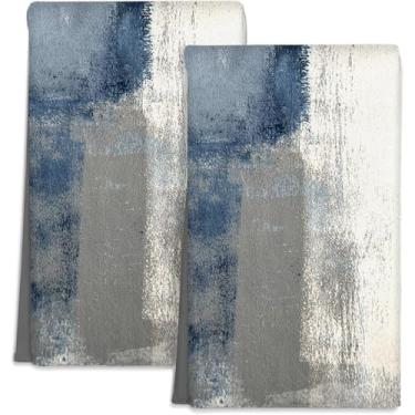 Imagem de MATEKULI Toalhas de prato vintage azul branco cinza moderno panos de prato, 2 pacotes absorventes de secagem rápida vintage arte abstrata pintura pano de prato com laço para pendurar, toalhas de mão