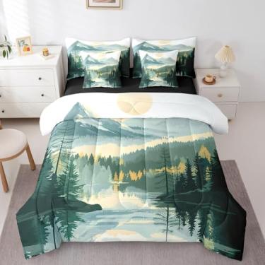 Imagem de Erosebridal Conjunto de edredom Queen com estampa de floresta e paisagem de floresta verde e paisagem botânica para meninos e meninas com edredom