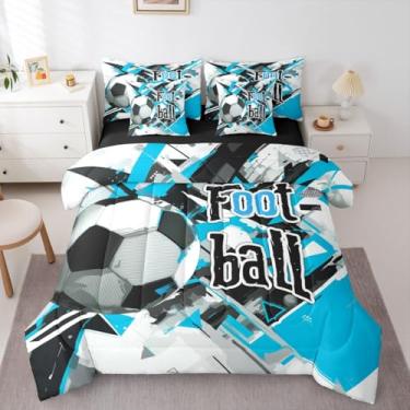 Imagem de Erosebridal Jogo de cama de futebol de 7 peças, solteiro, graffiti, com lençóis, estilo pintura a tinta, moderno, para meninos, futebol, esportes, azul-petróleo para adolescentes, homens e mulheres