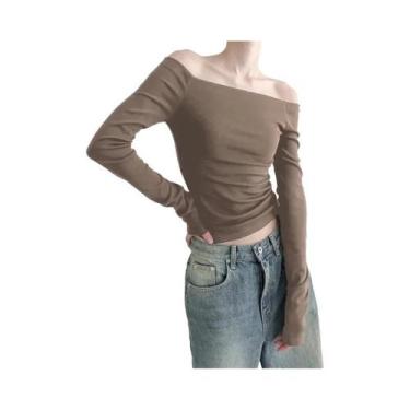 Imagem de Camiseta Cropped Feminina Preta De Manga Longa Com Decote Slash Moda C