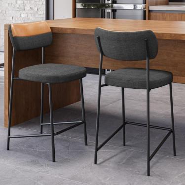 Imagem de Kit 05 Banquetas Baixa Bar Cozinha Sala Jantar Whisky Melina L02 Couríssimo Whisky Linho Chumbo - Lyam Decor