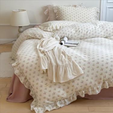 Imagem de BuLuTu Conjunto de capa de edredom de algodão musselina Queen, com babados, capa de edredom floral, azaléia, chique, macio, leve para crianças, adolescentes e adultos, lavar à máquina