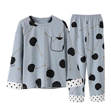 Imagem de HHHJQFAAT Conjunto de pijama feminino de manga comprida estampado roupa de dormir pijama feminino duas peças (azul médio)