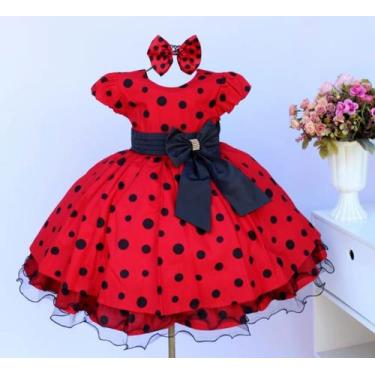 Imagem de Vestido Infantil Minnie Joaninha Vermelho Luxo E Tiara - Pingo De Gent