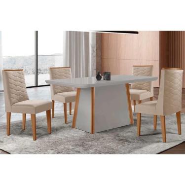 Imagem de Conjunto: Mesa Sala Jantar Tilia Curvo 120cm + 4 Cadeiras Dafne Madeira Naturale/Off White - Capuccino/Suede Creme - Rufato