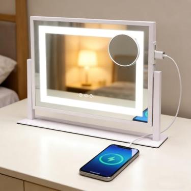 Imagem de SANYCASA Espelho de maquiagem com luzes, espelho de maquiagem iluminado com controle de toque e 3 modos de cor, ampliação de 10x e LED regulável, porta de carregamento USB, espelho de mesa de mesa
