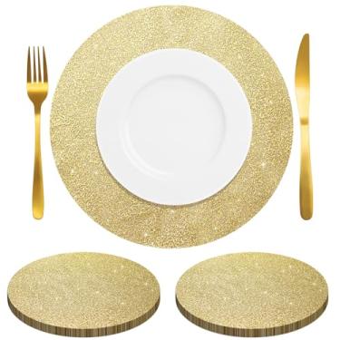 Imagem de 100 peças de jogo americano descartáveis, jogo americano redondo de 33 cm com malha dourada e detalhes em glitter, decoração de mesa de jantar elegante para festas, casamentos, banquetes