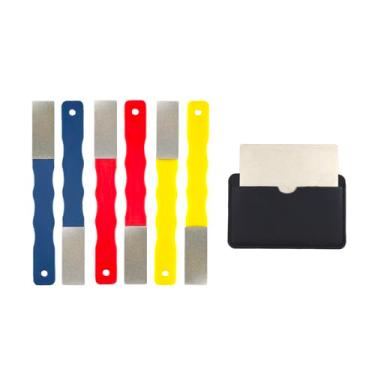 Imagem de Conjunto de mini lixa de afiar codificada por cores diamante, 6 grãos (#220/#400/#600) Afiador de facas com cabo ergonômico e orifício para pendurar para ferramentas de jardim, ao ar livre e