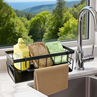 Imagem de Suporte de esponja para pia de cozinha 304 organizador de pia inoxidável à prova de ferrugem para pano de prato, sabão e escovas, preto