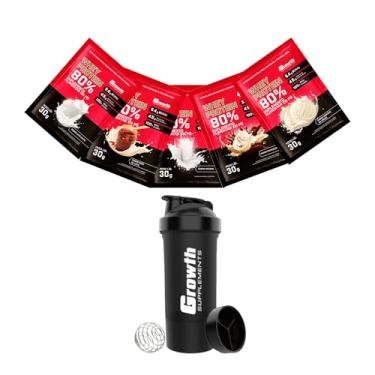 Imagem de Combo - Whey Protein Concentrado 30g em Sachê (5un - sabores variados) + Coqueteleira 3 compartimentos com mix ball 600ml Preta - Growth (Único, Natural, Leite em pó, Cappuccino, Sorvete de Creme e Doce de leite)
