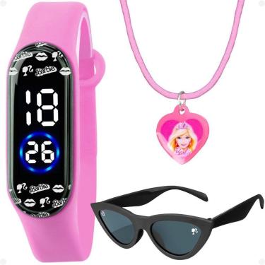 Imagem de Relogio Digital Infantil Barbie + Oculos Proteção Uv Pulseira Ajustavel Prova Dagua Original Menina