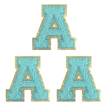 Imagem de Aganmi 3 peças de remendos de chenille ferro em letras para roupas, 7,5 cm preppy universitário glitter letras patch costurado no reparo do alfabeto remendos para tecido jeans chapéus bolsas sapatos