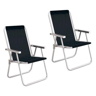 Imagem de Kit 2 Cadeira Praia Alta Alumínio Conforto Preto 120kg Mor