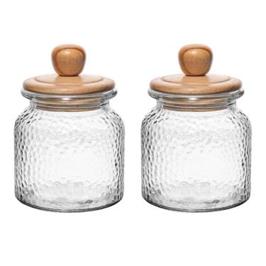 Imagem de Conjunto 02 Potes de Vidro Martelado com Tampa Hermética de Bambu 640ml Wolff